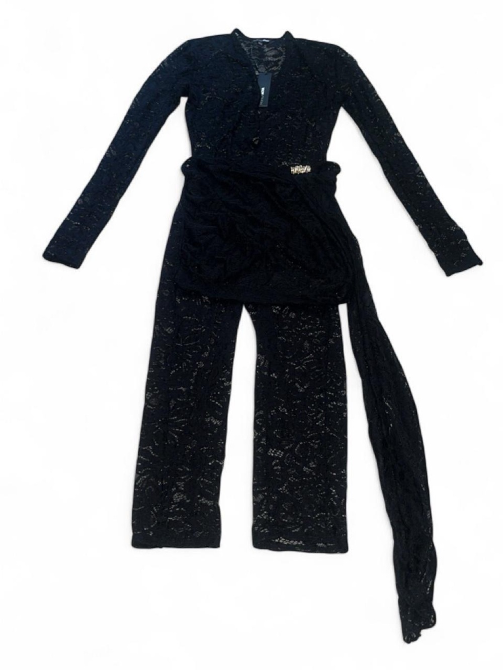 Fashion Nova Black Lace Long Sleeve Jumpsuit with Sash